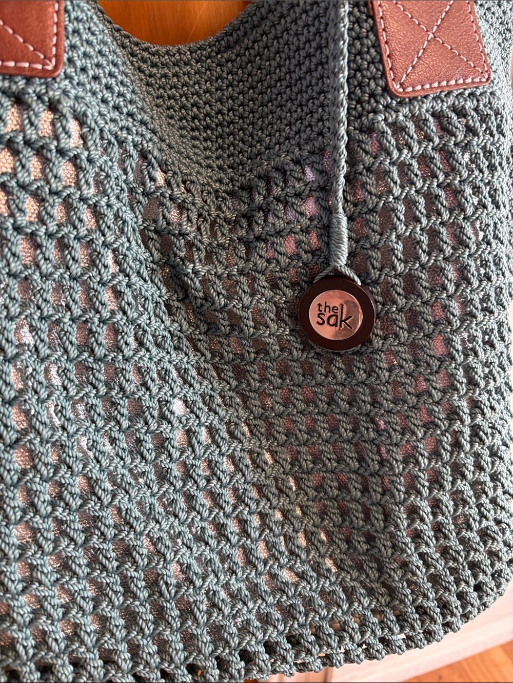 The Sak Teal Crochet Tote with Brown Leather Trim - Picture 2 of 6